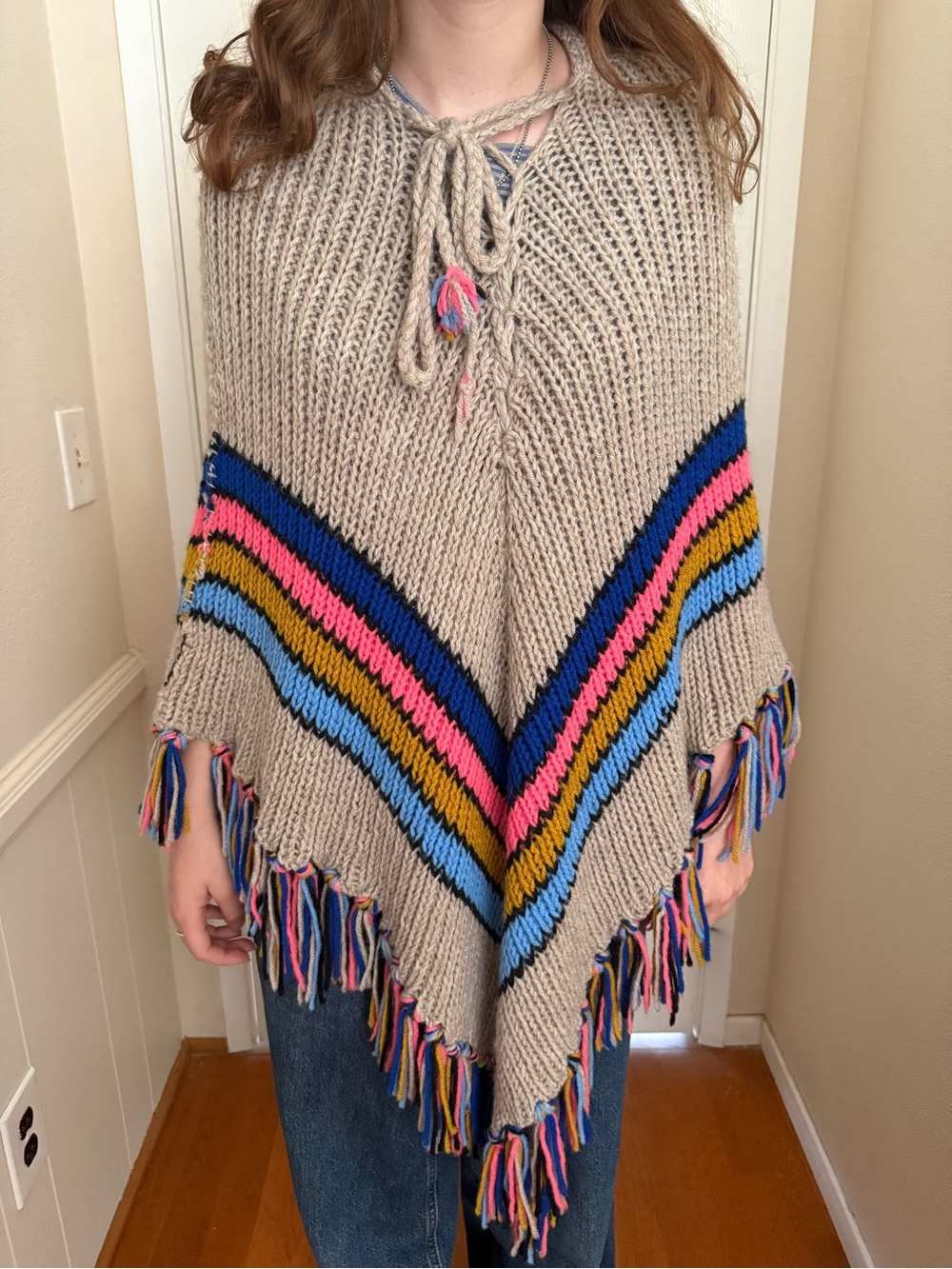 Vintage Knit Beige Fringe Poncho Sweater with Multicolor Stripes